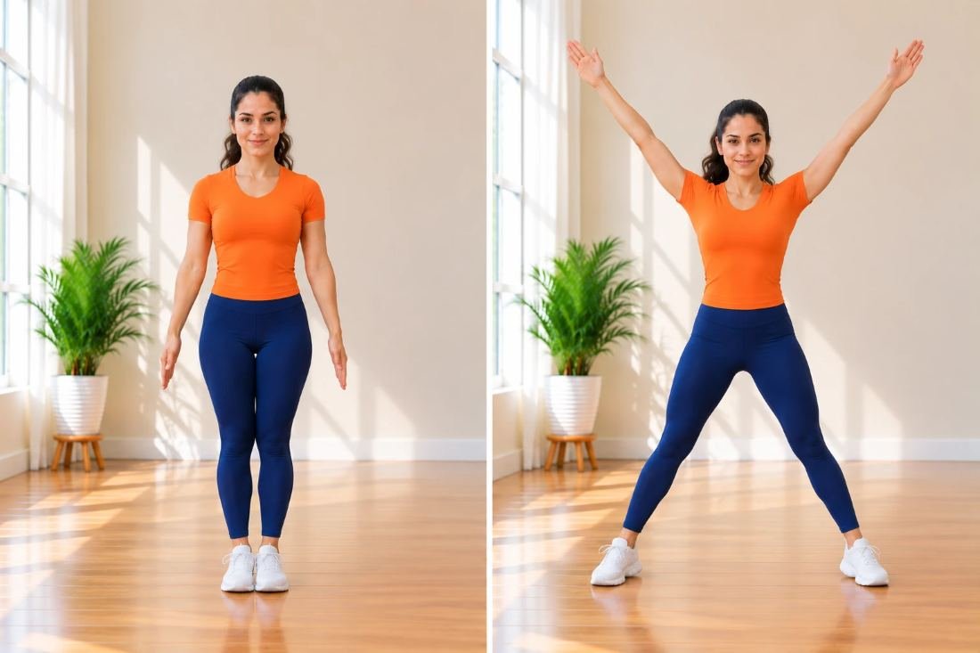 Jumping jacks: pies juntos y luego piernas y brazos abiertos
